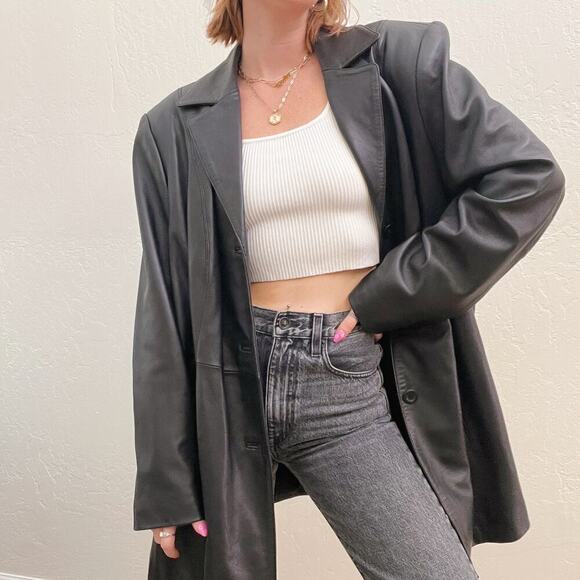 Vintage 1990's Oversized Black Lambskin Leather Blazer Style Jacket - Picture 3 of 7